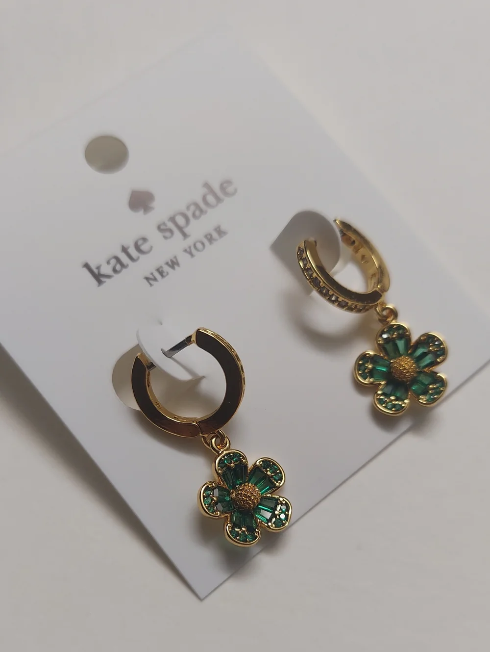 Kate Spade Gold Hoop Earrings with  Green Crystal Flower Charms New